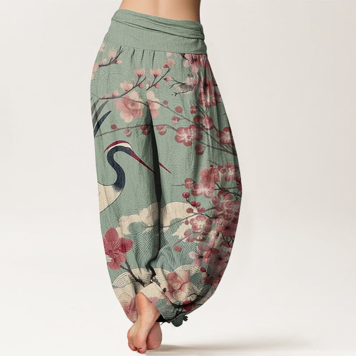 Buddha Stones Lässige Haremshose mit Kranich-Kirschblüten-Designmuster für Damen, elastische Taille - image 3