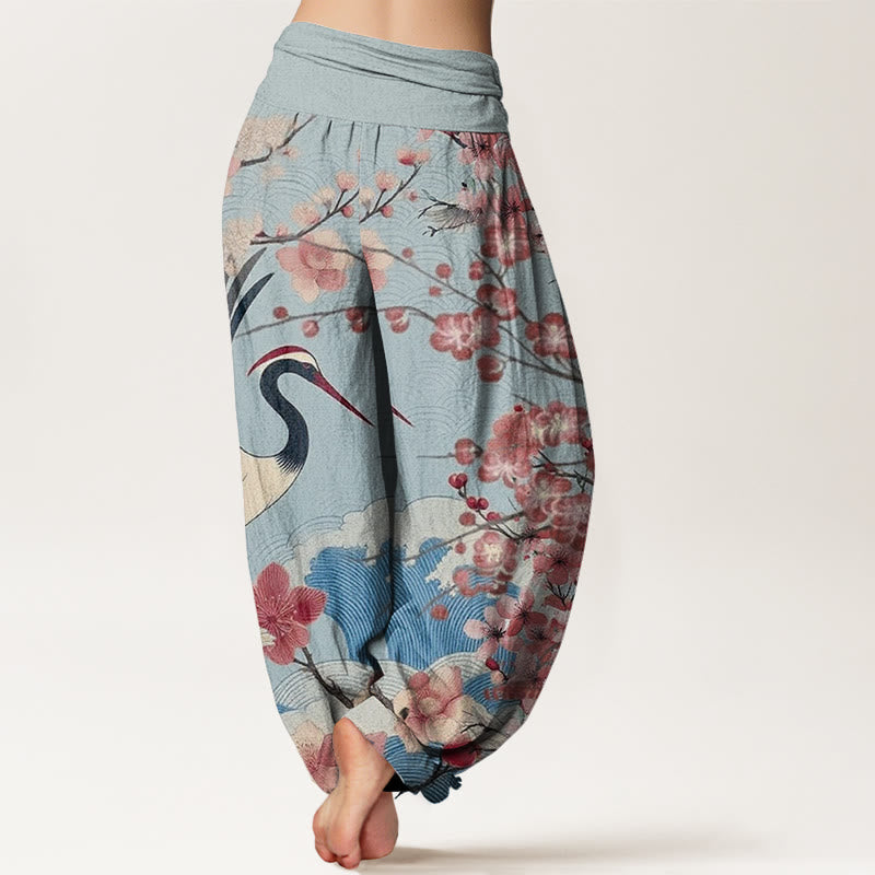 Buddha Stones Lässige Haremshose mit Kranich-Kirschblüten-Designmuster für Damen, elastische Taille - image 7