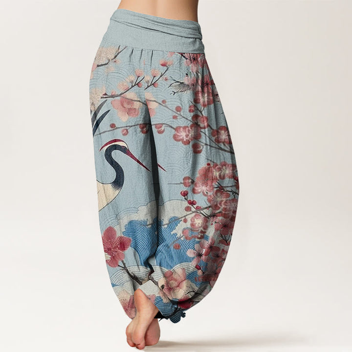 Buddha Stones Lässige Haremshose mit Kranich-Kirschblüten-Designmuster für Damen, elastische Taille - image 7