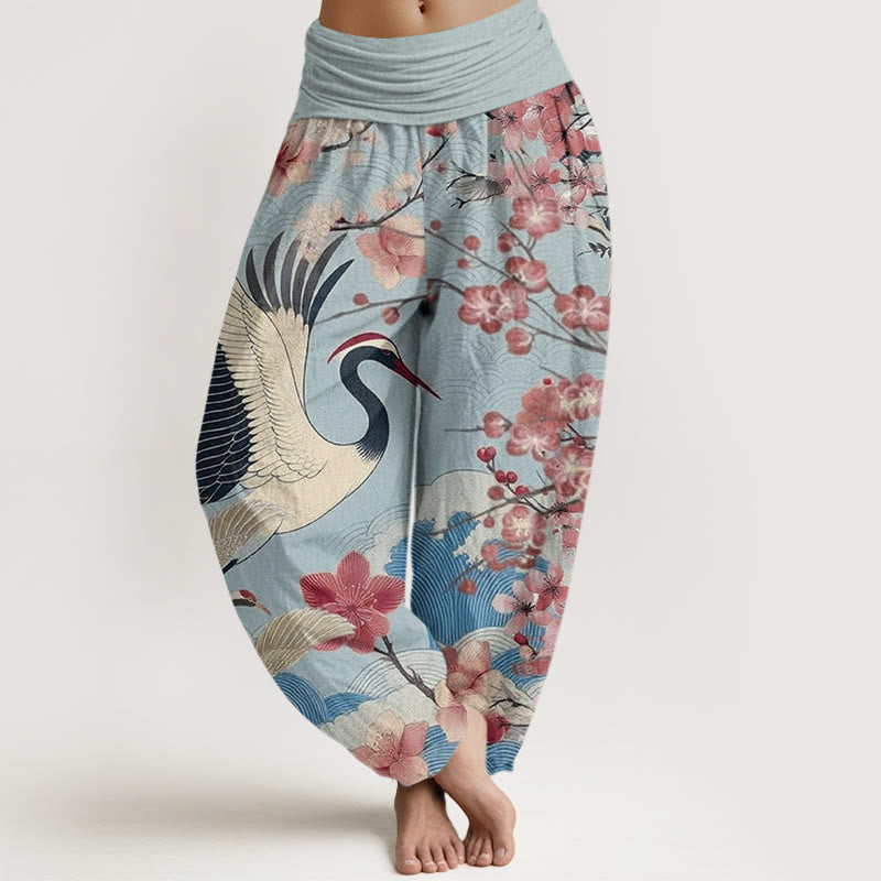Buddha Stones Lässige Haremshose mit Kranich-Kirschblüten-Designmuster für Damen, elastische Taille - Himmelblau - US22, UK/AU26,EU54 (6XL) - image 5