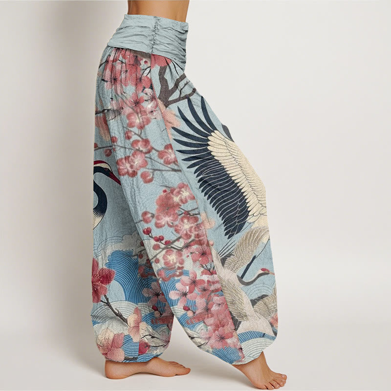 Buddha Stones Lässige Haremshose mit Kranich-Kirschblüten-Designmuster für Damen, elastische Taille - image 6