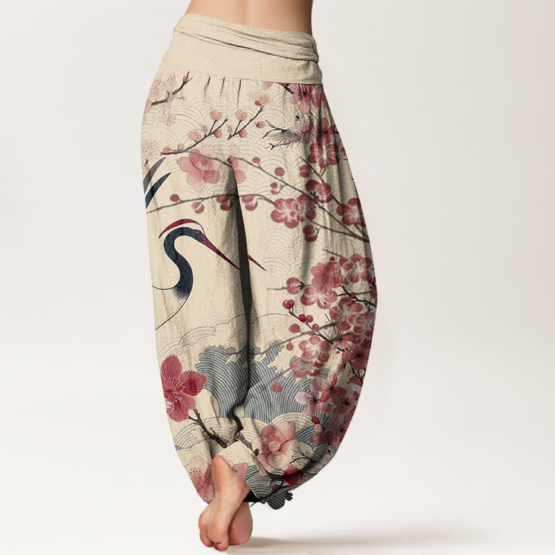 Buddha Stones Lässige Haremshose mit Kranich-Kirschblüten-Designmuster für Damen, elastische Taille - image 10