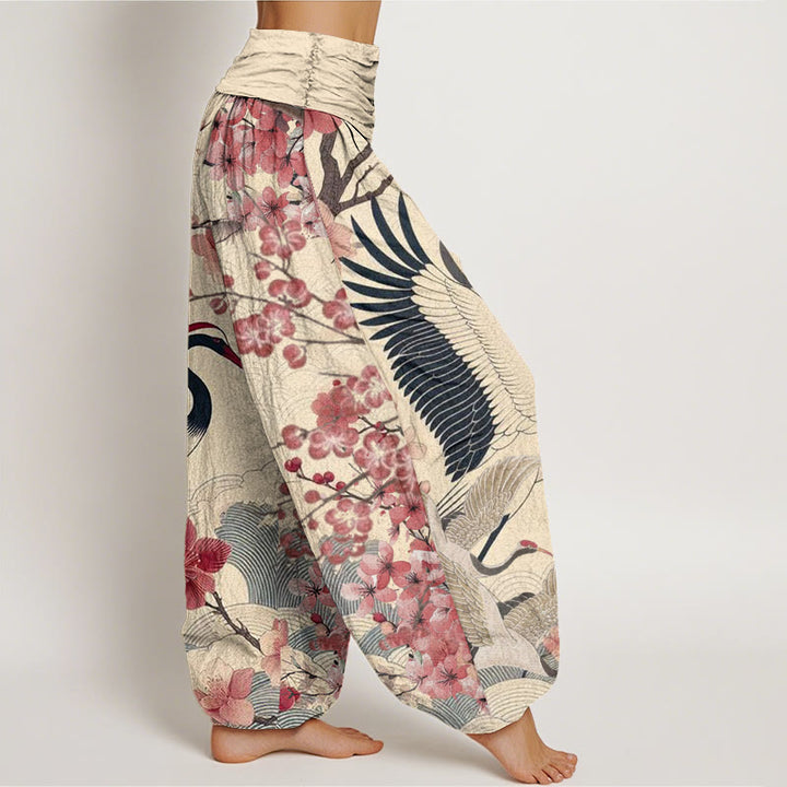 Buddha Stones Lässige Haremshose mit Kranich-Kirschblüten-Designmuster für Damen, elastische Taille - image 9