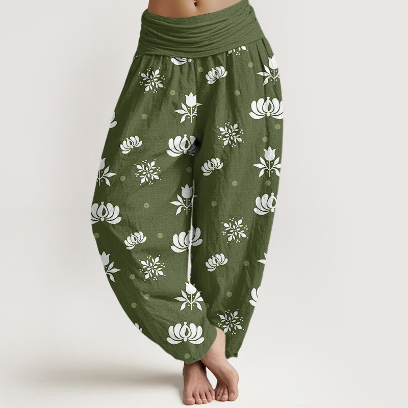 Buddha Stones Lässige Haremshose mit Lotus-Muster und kleinen Punkten für Damen, elastische Taille - Olivgrün - US22, UK/AU26,EU54 (6XL) - image 5