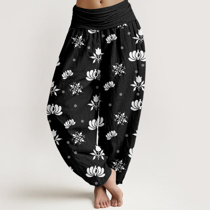 Buddha Stones Lässige Haremshose mit Lotus-Muster und kleinen Punkten für Damen, elastische Taille - Schwarz - US22, UK/AU26,EU54 (6XL) - image 8