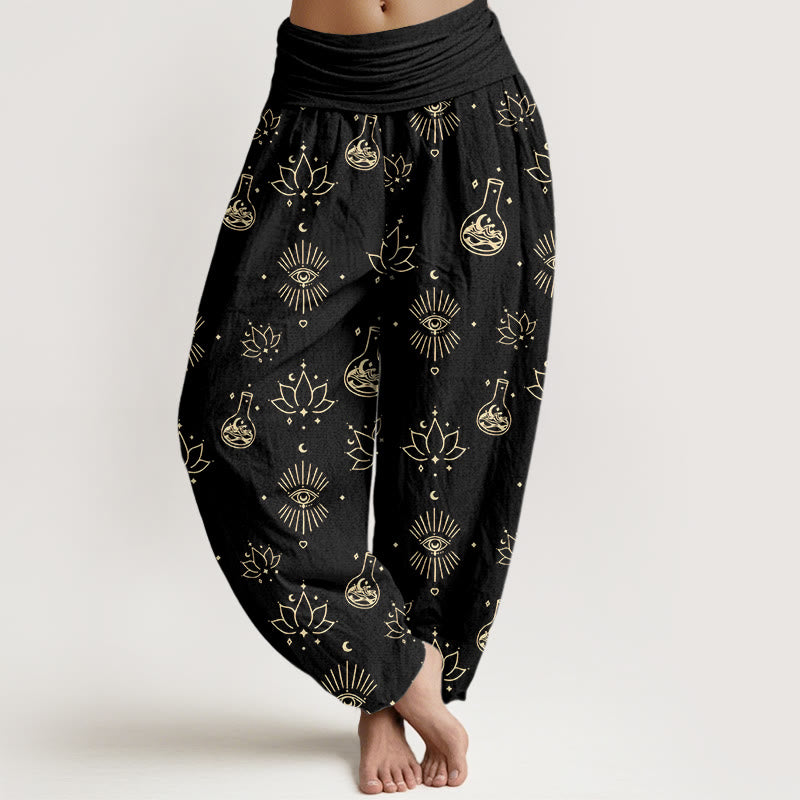 Lässige Haremshose mit Buddha Stones und Lotusauge des Horus-Muster für Damen mit elastischer Taille - Schwarz - US22, UK/AU26,EU54 (6XL) - image 1