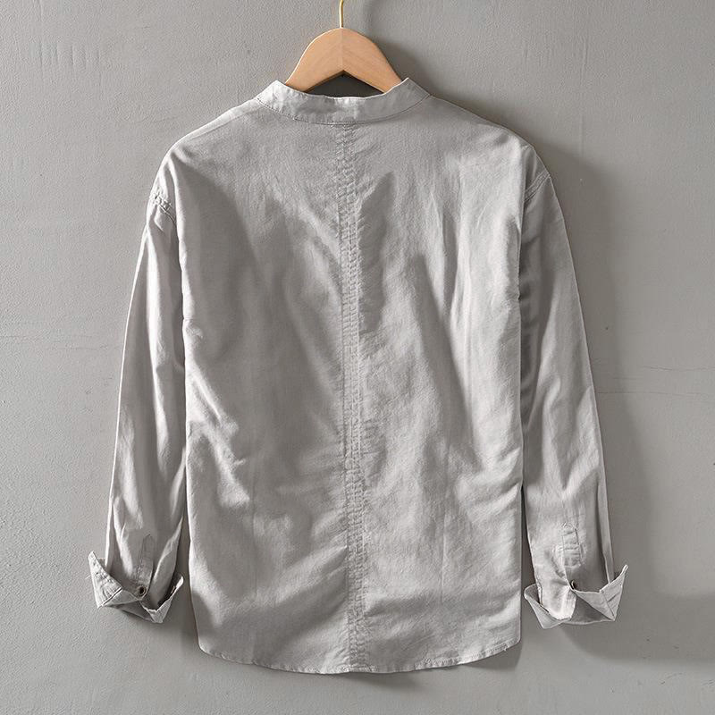 Buddha Stones Einfarbig Langarm Halbknopf Hemd Baumwolle Leinen Herren Kleidung - image 5