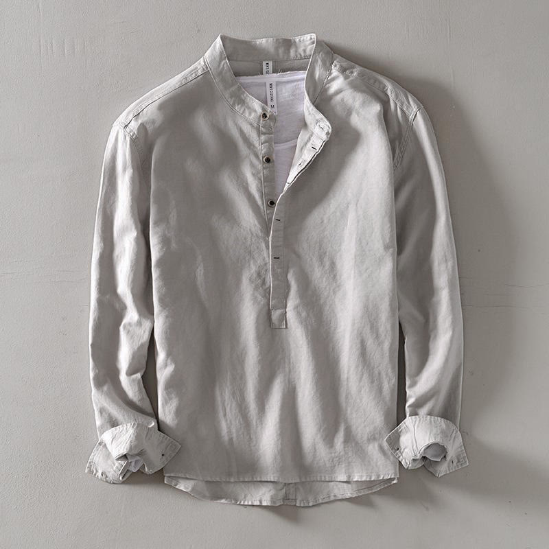 Buddha Stones Einfarbig Langarm Halbknopf Hemd Baumwolle Leinen Herren Kleidung - Gainsboro - US/ UK/AU40,EU50 (2XL) - image 4