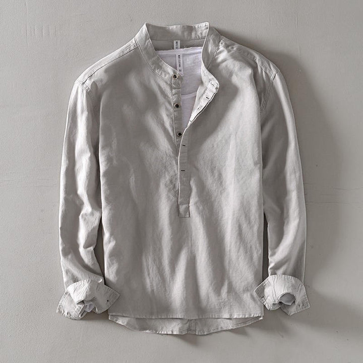 Buddha Stones Einfarbig Langarm Halbknopf Hemd Baumwolle Leinen Herren Kleidung - Gainsboro - US/ UK/AU40,EU50 (2XL) - image 4