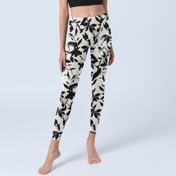 Buddha Stones Schwarze Blätter Print Gym Leggings Damen Yoga Hose - image 6