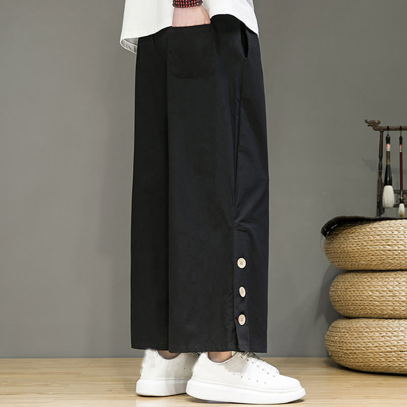 Buddha Stones Herrenhose mit geradem Bein, Leinenknöpfen, Kordelzug und Taschen - image 11
