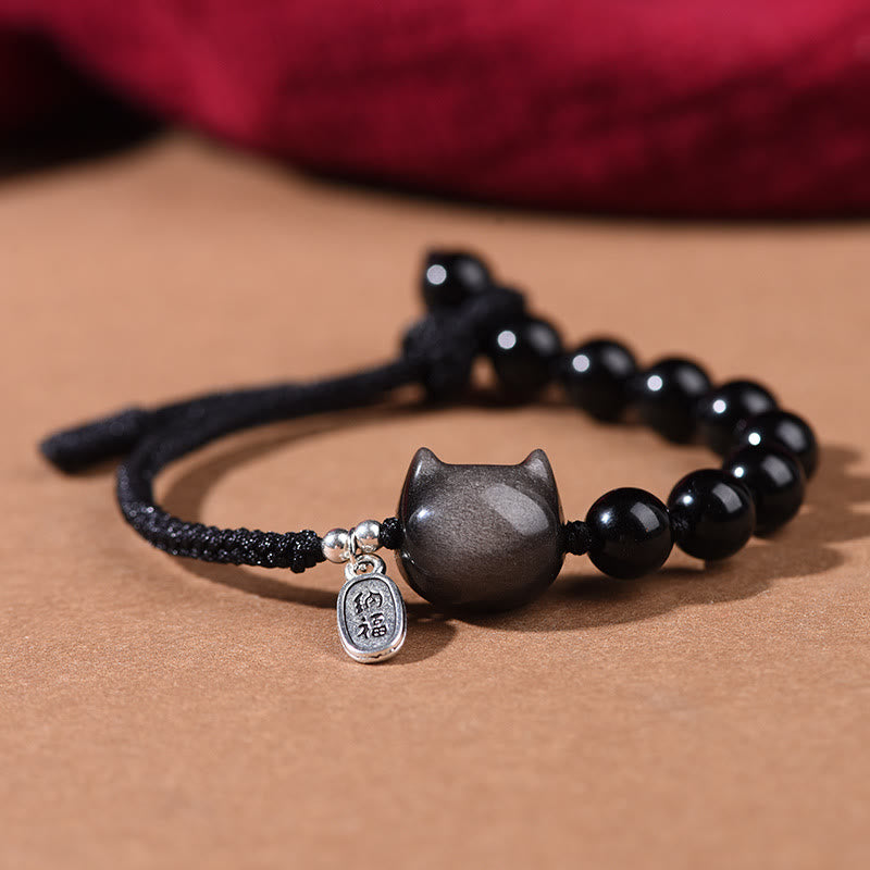 Buddha Stones Schwarzer Obsidian Silberglanz Obsidian Süße Katze Tanzender Löwe Stärke Armband - Katze (Handgelenkumfang 14–16 cm) - image 1