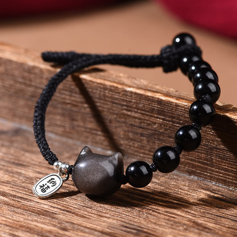 Buddha Stones Schwarzer Obsidian Silberglanz Obsidian Süße Katze Tanzender Löwe Stärke Armband - image 2