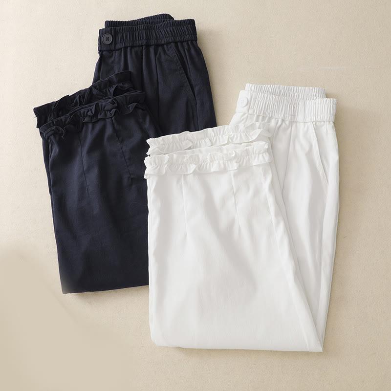 Buddha Stones Sommer-Knopf-Rüschen-Knöchellange Damenhose mit Taschen - image 14