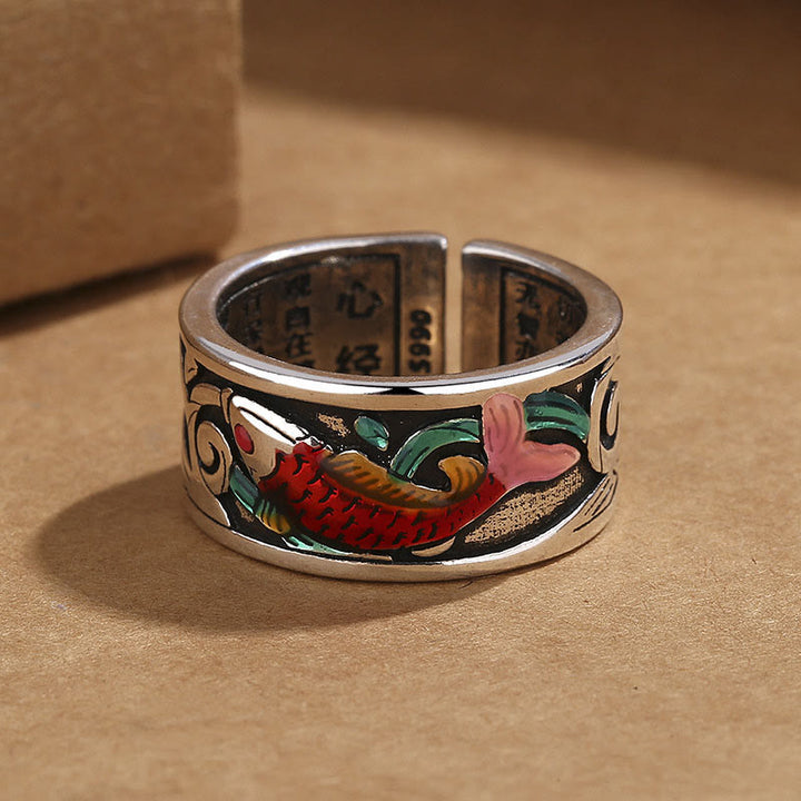 Buddha Stones Blauer Email Koi-Fisch Herz-Sutra Erfolgsring