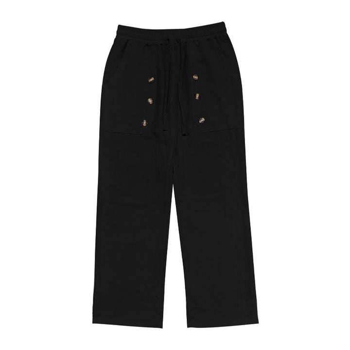 Buddha Stones Lässige, einfarbige Baumwollhose mit Knöpfen und Taschen für Herren - image 10