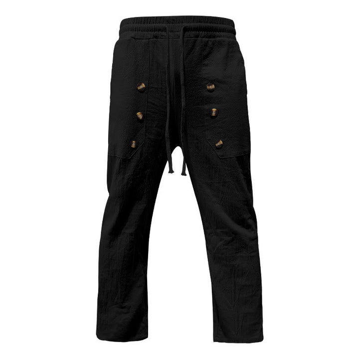 Buddha Stones Lässige, einfarbige Baumwollhose mit Knöpfen und Taschen für Herren - image 14