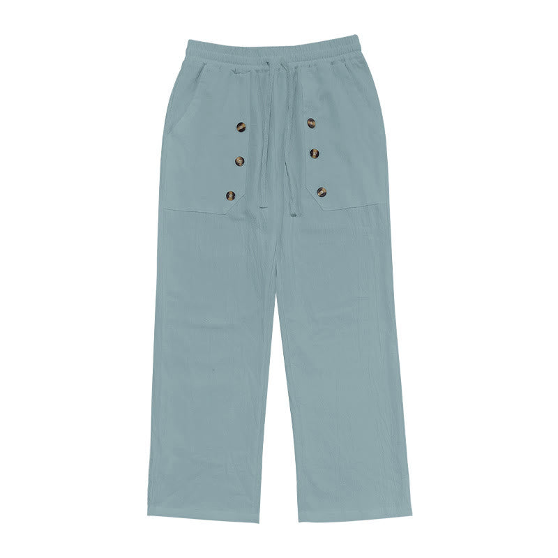 Buddha Stones Lässige, einfarbige Baumwollhose mit Knöpfen und Taschen für Herren - image 18
