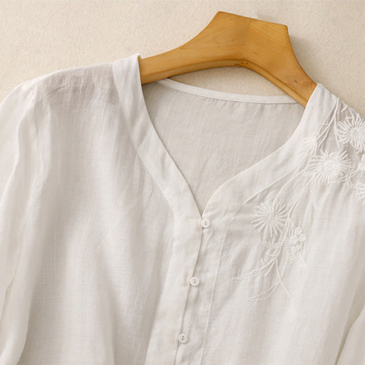 Damen-Baumwollhemd mit Dreiviertelärmeln und Buddha Stones -Stickerei vorne mit Knopfdesign  - image 10