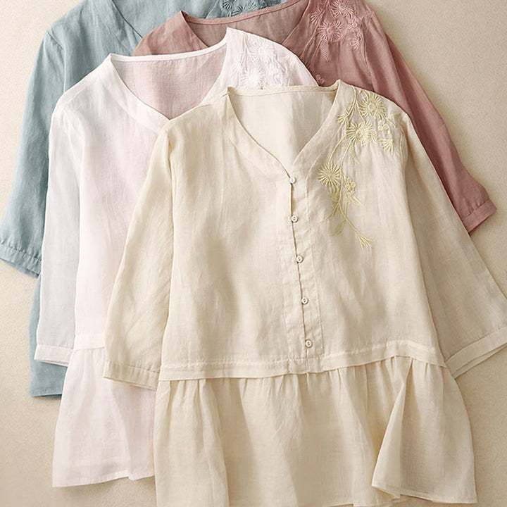 Damen-Baumwollhemd mit Dreiviertelärmeln und Buddha Stones -Stickerei vorne mit Knopfdesign  - image 28