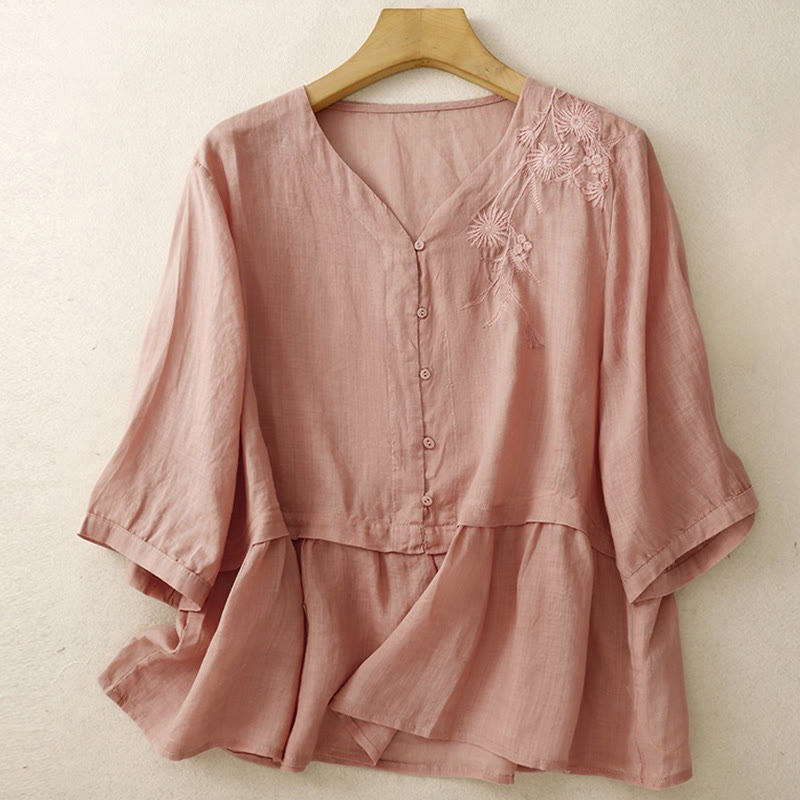 Damen-Baumwollhemd mit Dreiviertelärmeln und Buddha Stones -Stickerei vorne mit Knopfdesign  - image 21