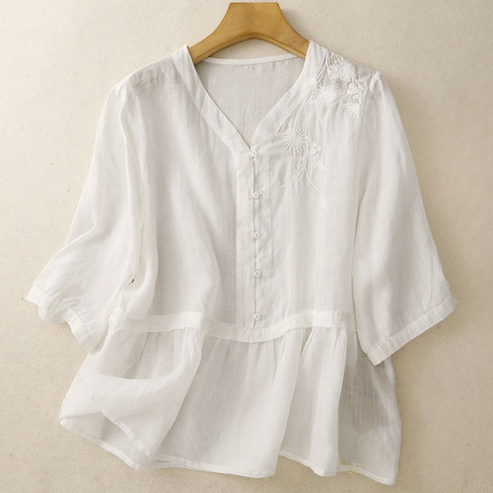 Damen-Baumwollhemd mit Dreiviertelärmeln und Buddha Stones -Stickerei vorne mit Knopfdesign  - image 6