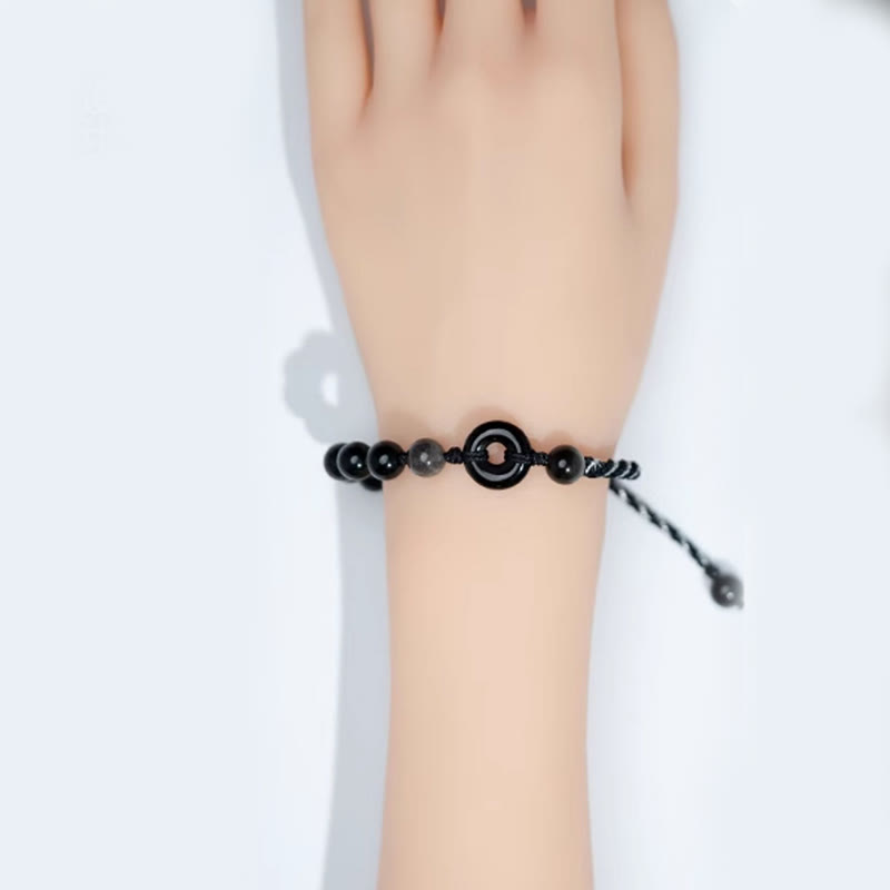 Buddha Stones Natürlicher schwarzer Obsidian Peace Buckle Purification Schwarzes Seilarmband - image 4