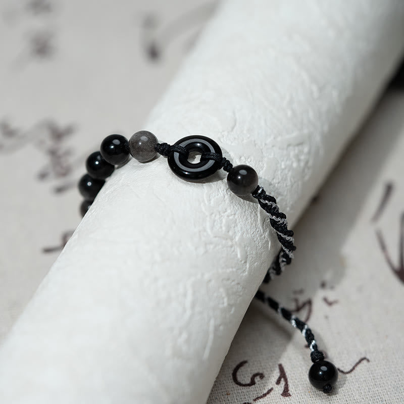 Buddha Stones Natürlicher schwarzer Obsidian Peace Buckle Purification Schwarzes Seilarmband - image 3