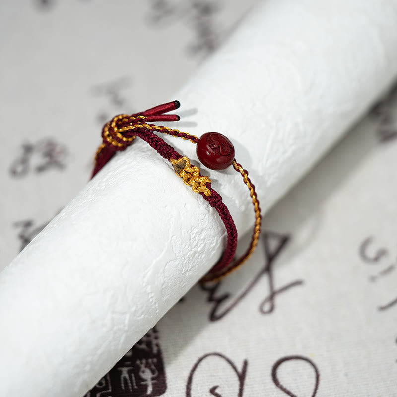 Buddha Stones, Pfirsichblütenknoten, Zinnoberperlen, achtsträngiges Zopf-Segensarmband - image 4