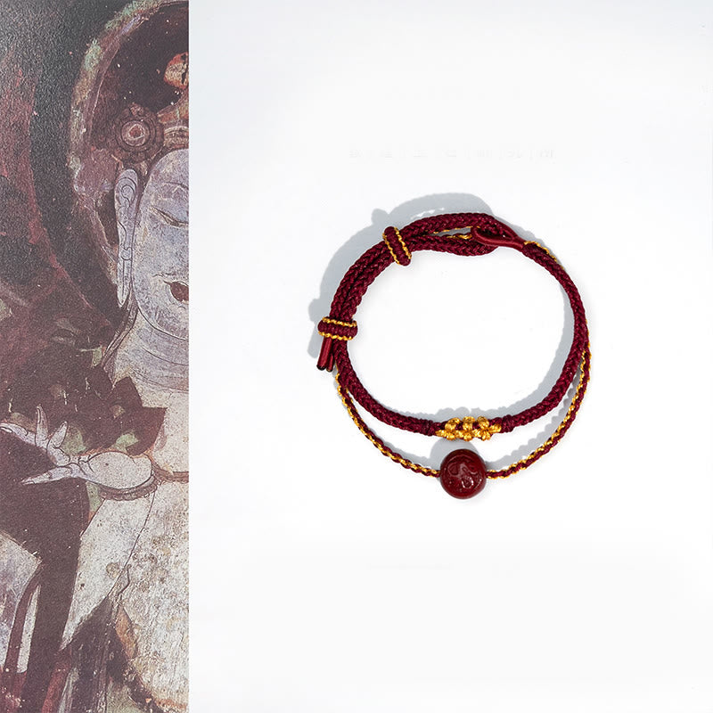 Buddha Stones, Pfirsichblütenknoten, Zinnoberperlen, achtsträngiges Zopf-Segensarmband - Rotes Seil und Zinnober (Handgelenkumfang: 15–22 cm) - image 1