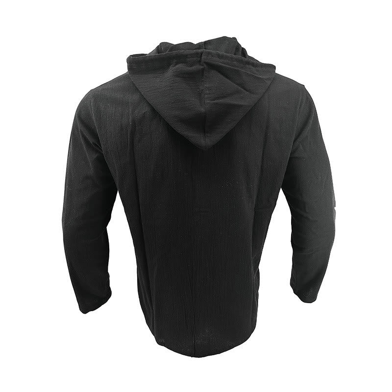 Buddha Stones Einfarbiges Langarm-Herrenhemd aus Leinen mit Kapuze und Kordelzug - image 3