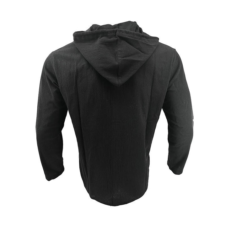 Buddha Stones Einfarbiges Langarm-Herrenhemd aus Leinen mit Kapuze und Kordelzug - image 3