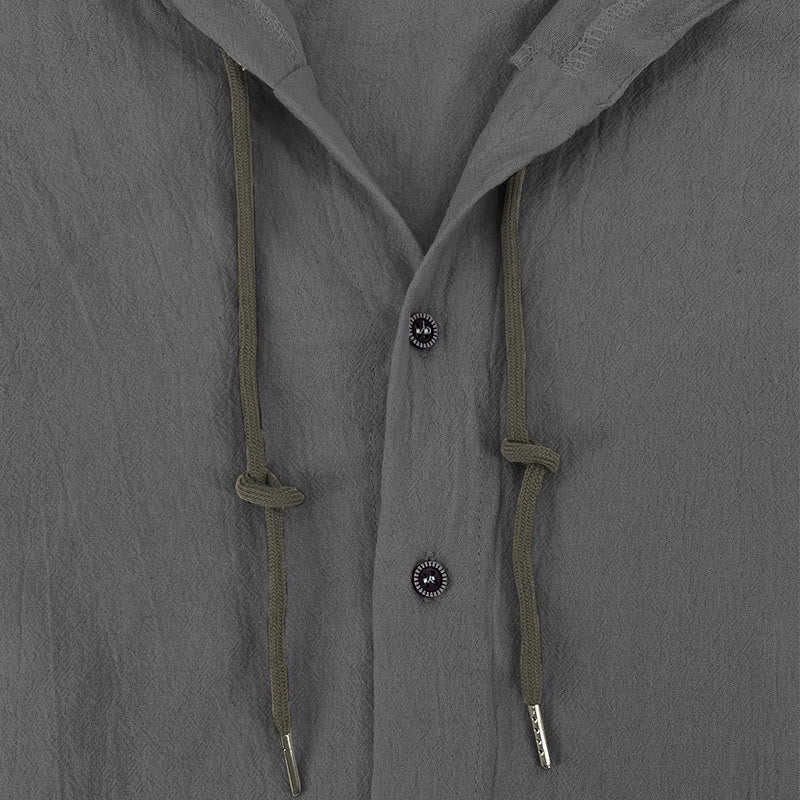 Buddha Stones Einfarbiges Langarm-Herrenhemd aus Leinen mit Kapuze und Kordelzug - image 15