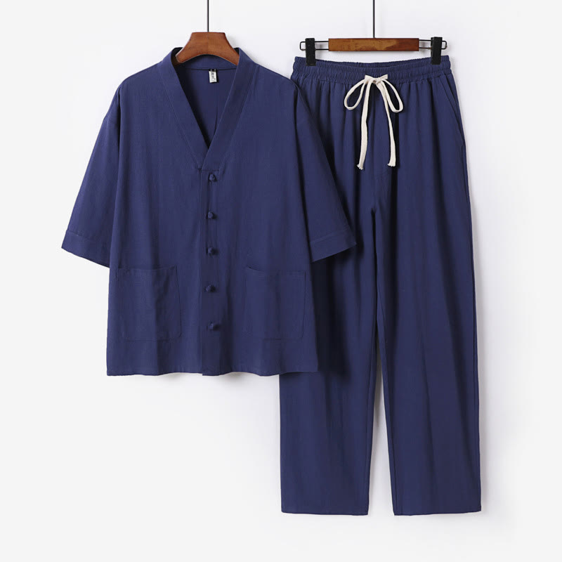 Buddha Stones 2-teiliges Sommer-Set aus Baumwolle mit V-Ausschnitt und Hosen und Taschen für Herren - Stahlblau - US/ UK/AU56,EU66 (9XL) - image 18