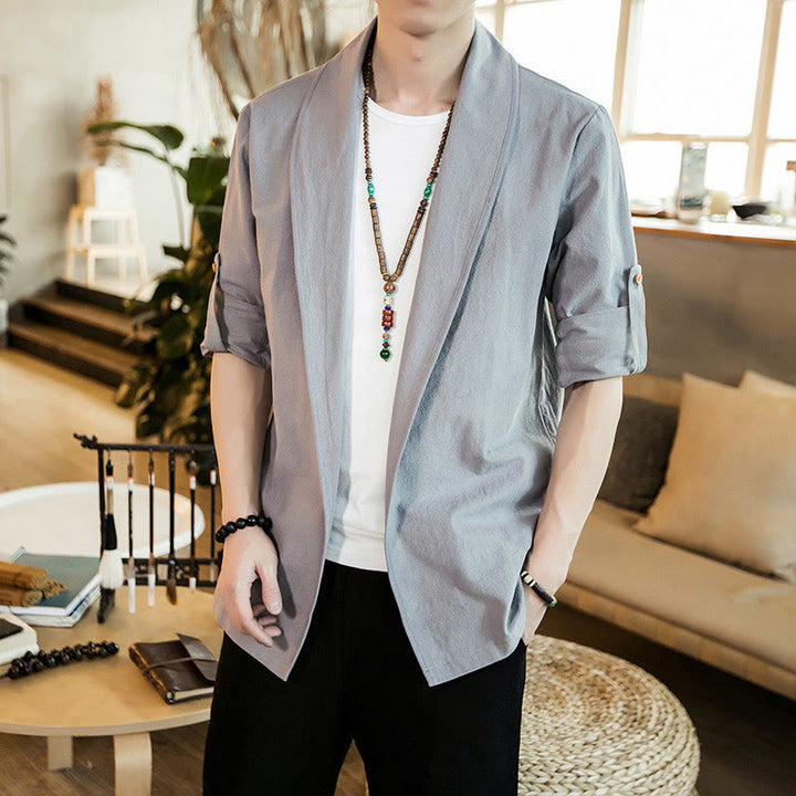 Buddha Stones Vintage Plain Revers Offene Front Jacke Baumwolle Herren Kimono - Hellgrau - US/ UK/AU46,EU56 (5XL) - image 9