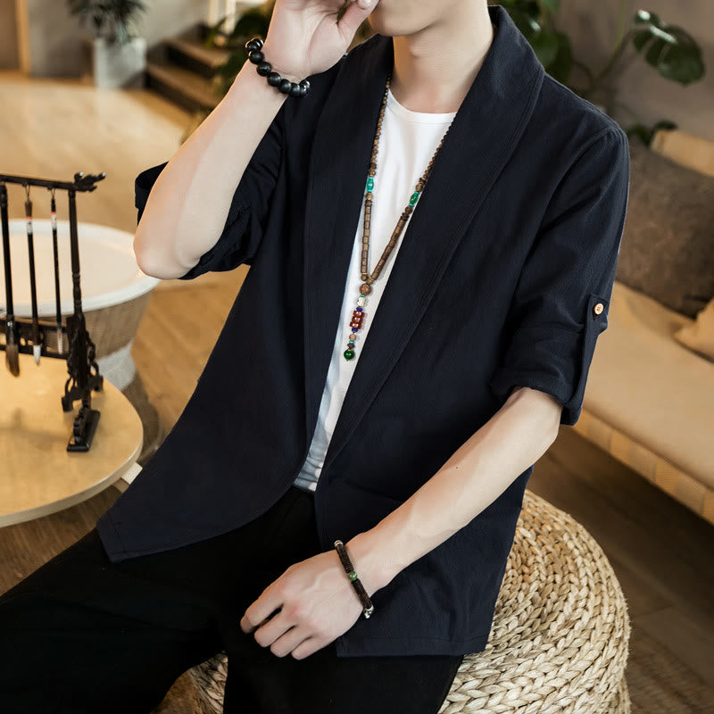 Buddha Stones Vintage Plain Revers Offene Front Jacke Baumwolle Herren Kimono - image 20