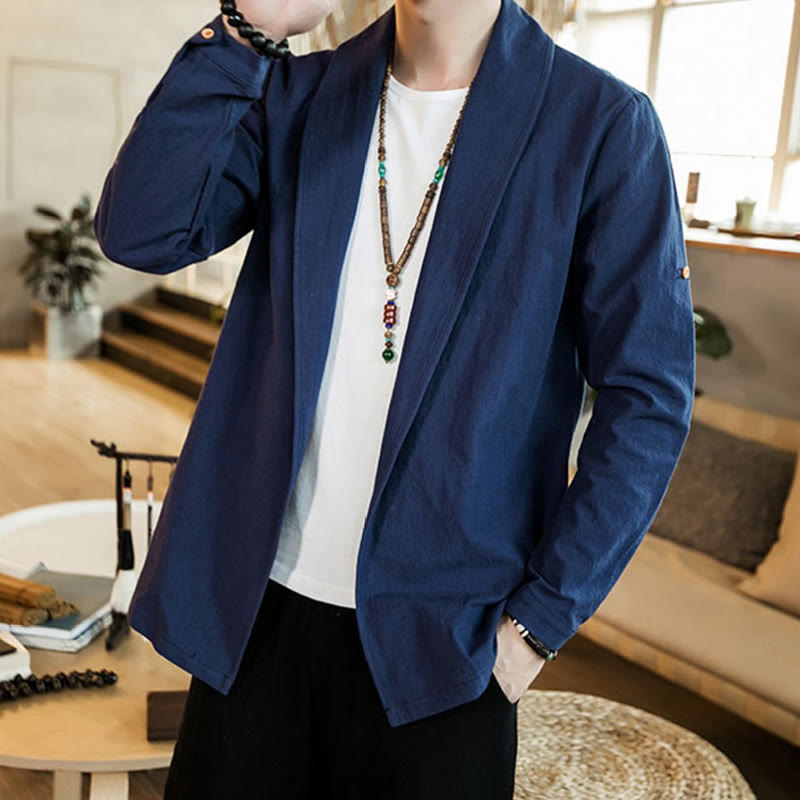 Buddha Stones Vintage Plain Revers Offene Front Jacke Baumwolle Herren Kimono - image 7
