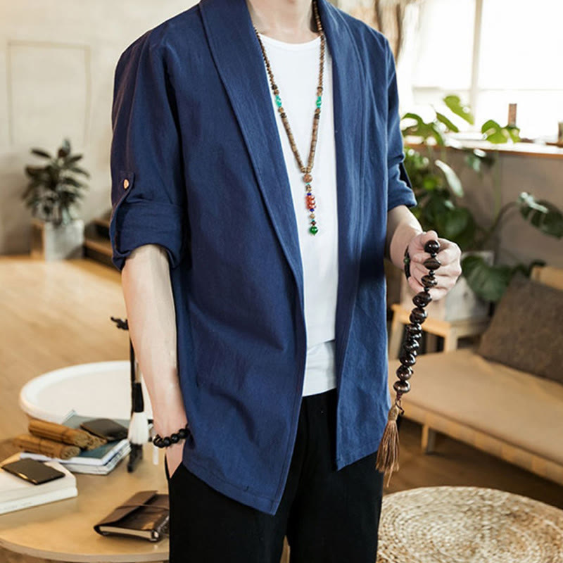 Buddha Stones Vintage Plain Revers Offene Front Jacke Baumwolle Herren Kimono - image 4