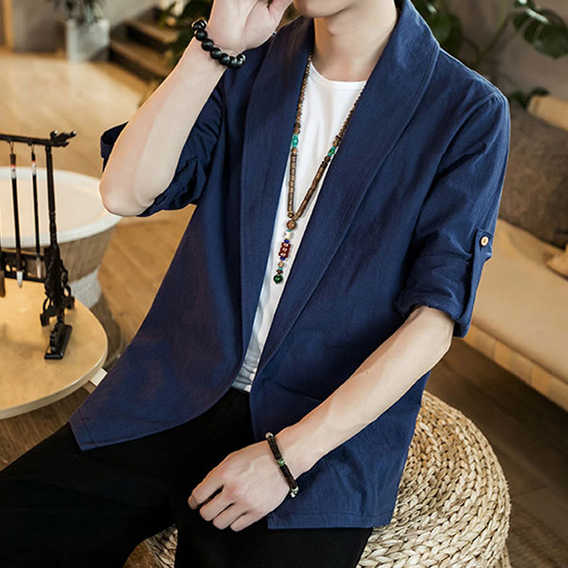 Buddha Stones Vintage Plain Revers Offene Front Jacke Baumwolle Herren Kimono - image 8