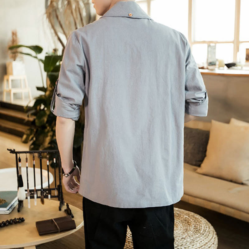 Buddha Stones Vintage Plain Revers Offene Front Jacke Baumwolle Herren Kimono - image 11