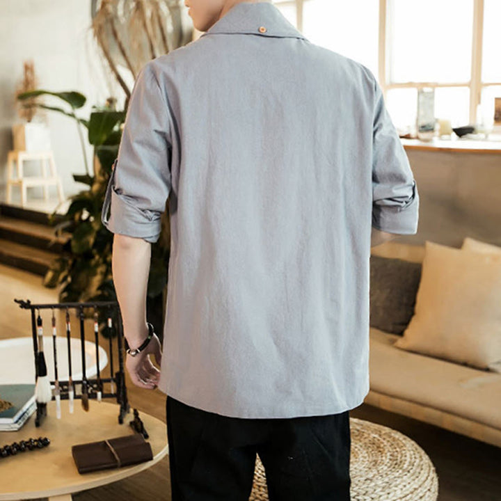 Buddha Stones Vintage Plain Revers Offene Front Jacke Baumwolle Herren Kimono - image 11