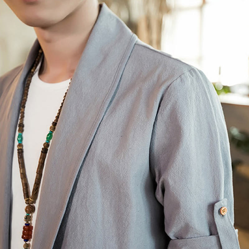 Buddha Stones Vintage Plain Revers Offene Front Jacke Baumwolle Herren Kimono - image 14