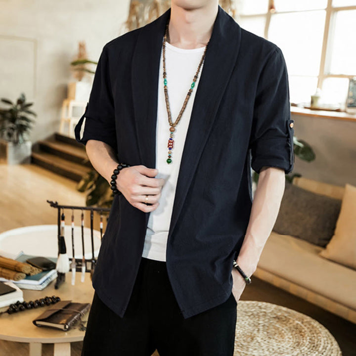 Buddha Stones Vintage Plain Revers Offene Front Jacke Baumwolle Herren Kimono - Schwarz - US/ UK/AU46,EU56 (5XL) - image 17