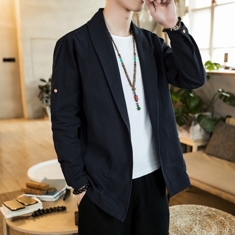 Buddha Stones Vintage Plain Revers Offene Front Jacke Baumwolle Herren Kimono - image 19