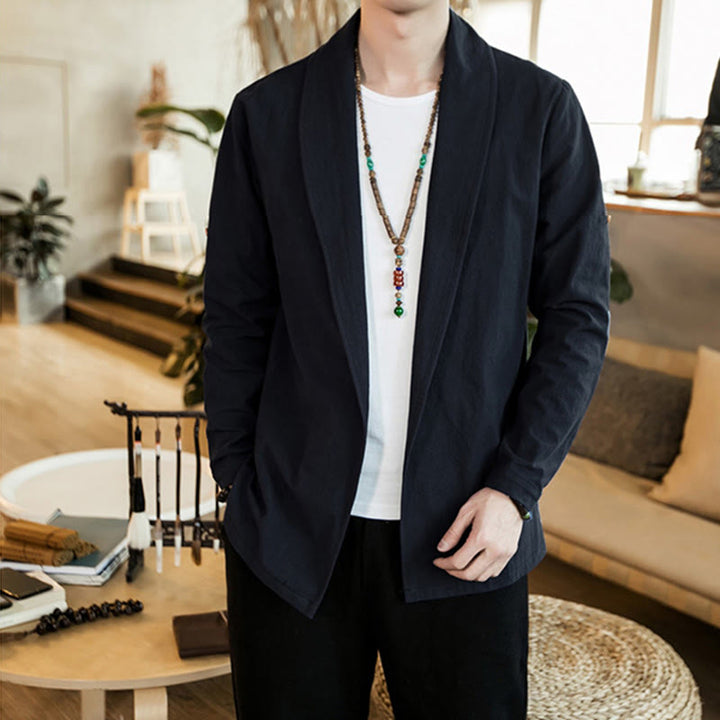 Buddha Stones Vintage Plain Revers Offene Front Jacke Baumwolle Herren Kimono - image 18