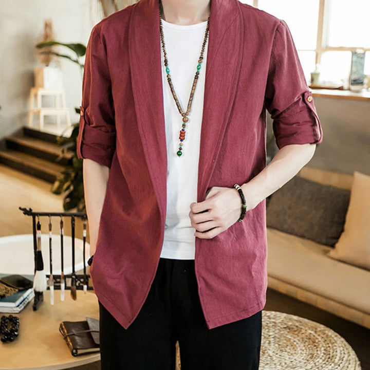 Buddha Stones Vintage Plain Revers Offene Front Jacke Baumwolle Herren Kimono - IndianRed - US/ UK/AU46,EU56 (5XL) - image 21