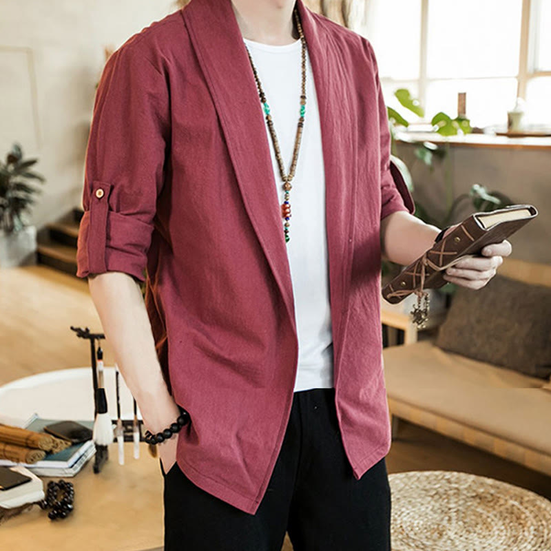 Buddha Stones Vintage Plain Revers Offene Front Jacke Baumwolle Herren Kimono - image 24
