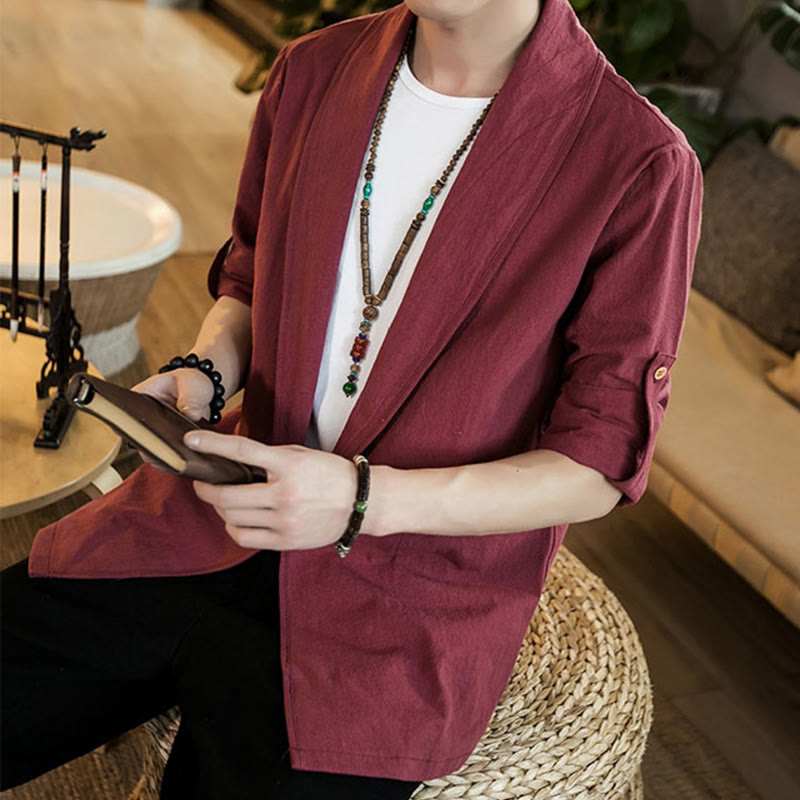 Buddha Stones Vintage Plain Revers Offene Front Jacke Baumwolle Herren Kimono - image 22
