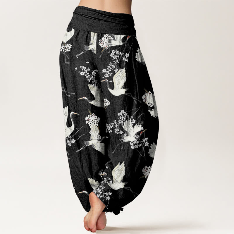 Buddha Stones Lässige, elegante Haremshose mit Kranich-Blumenmuster für Damen, elastische Taille - image 3