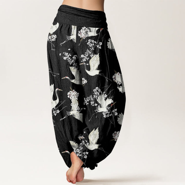 Buddha Stones Lässige, elegante Haremshose mit Kranich-Blumenmuster für Damen, elastische Taille - image 3